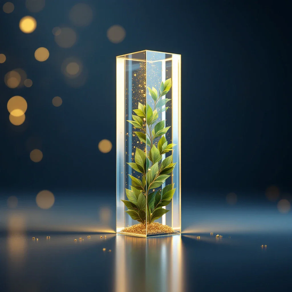 Abstract glass tower symbolizing financial growth and security against a navy blue background with golden light particles.