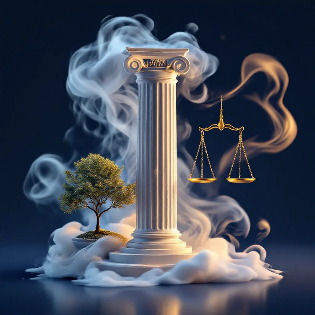 A symbolic image of a luminous classical column standing firm amidst dissipating mist, representing the stable legal framewor