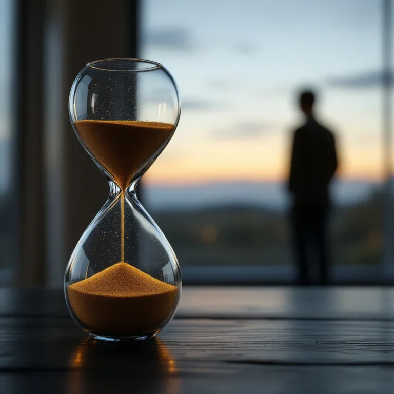An elegant hourglass with a cracked base and glowing golden sand, symbolizing the passage of time, fragility, and protection