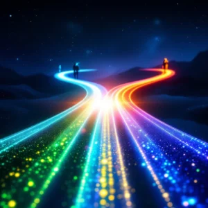 Abstract conceptual image of three illuminated paths emerging from a central compass, symbolizing different life insurance op