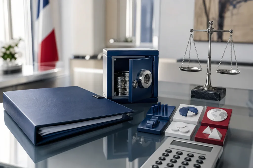 Conceptual financial image showing life insurance, tax calculation, and separate investment categories on a modern desk.