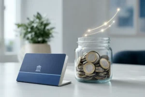 A bank passbook and euro savings jar illustrating a Livret A balance growing through interest beyond its deposit ceiling.