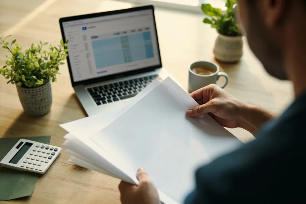 Auto-entrepreneur vérifiant ses factures et sa comptabilité au bureau