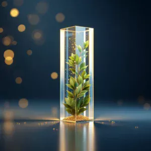 Abstract glass tower symbolizing financial growth and security against a navy blue background with golden light particles.